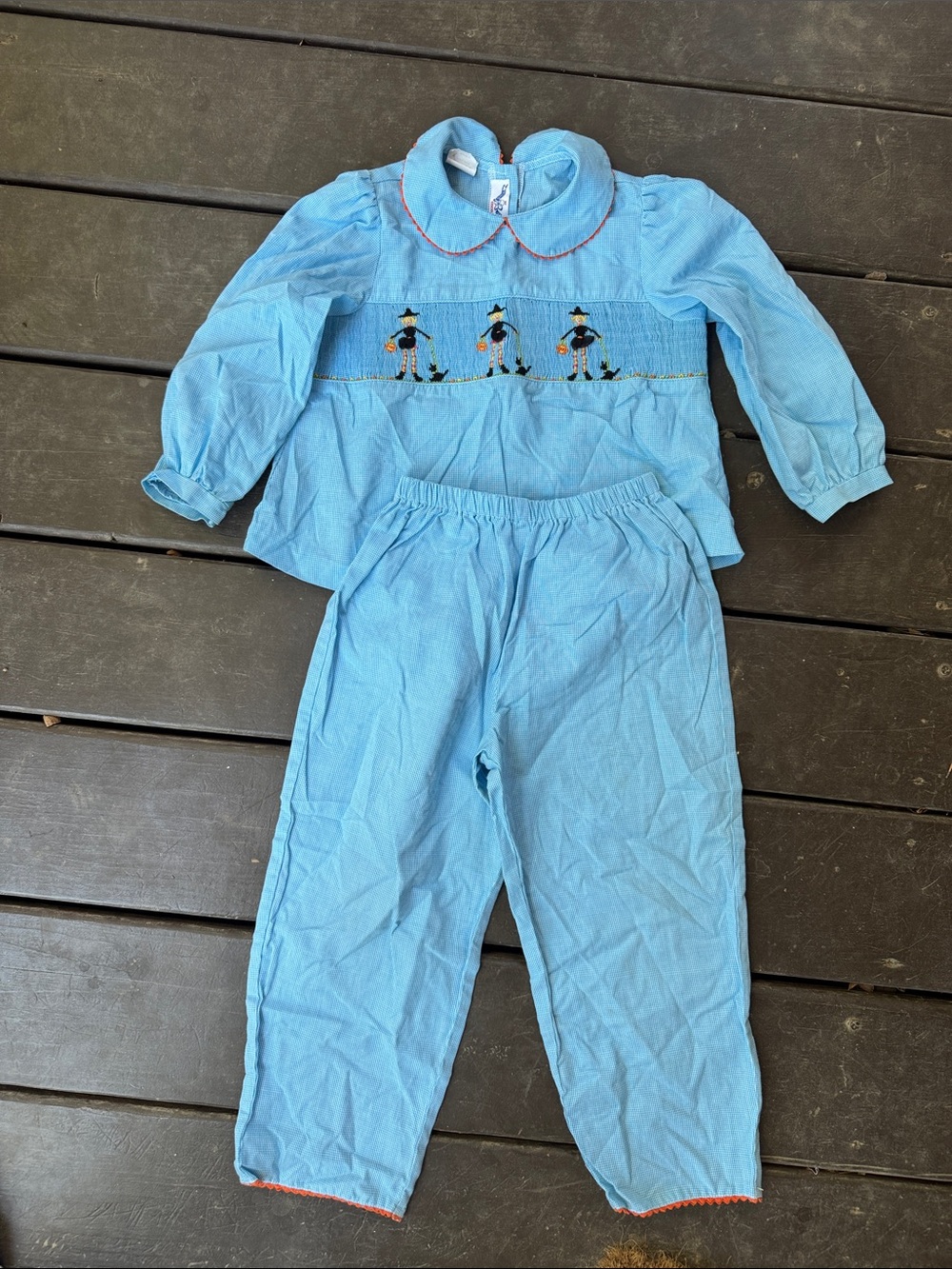 Silly Goose Plaid Blue Kids Halloween Matching Set with Witch Cat Smocking 4T